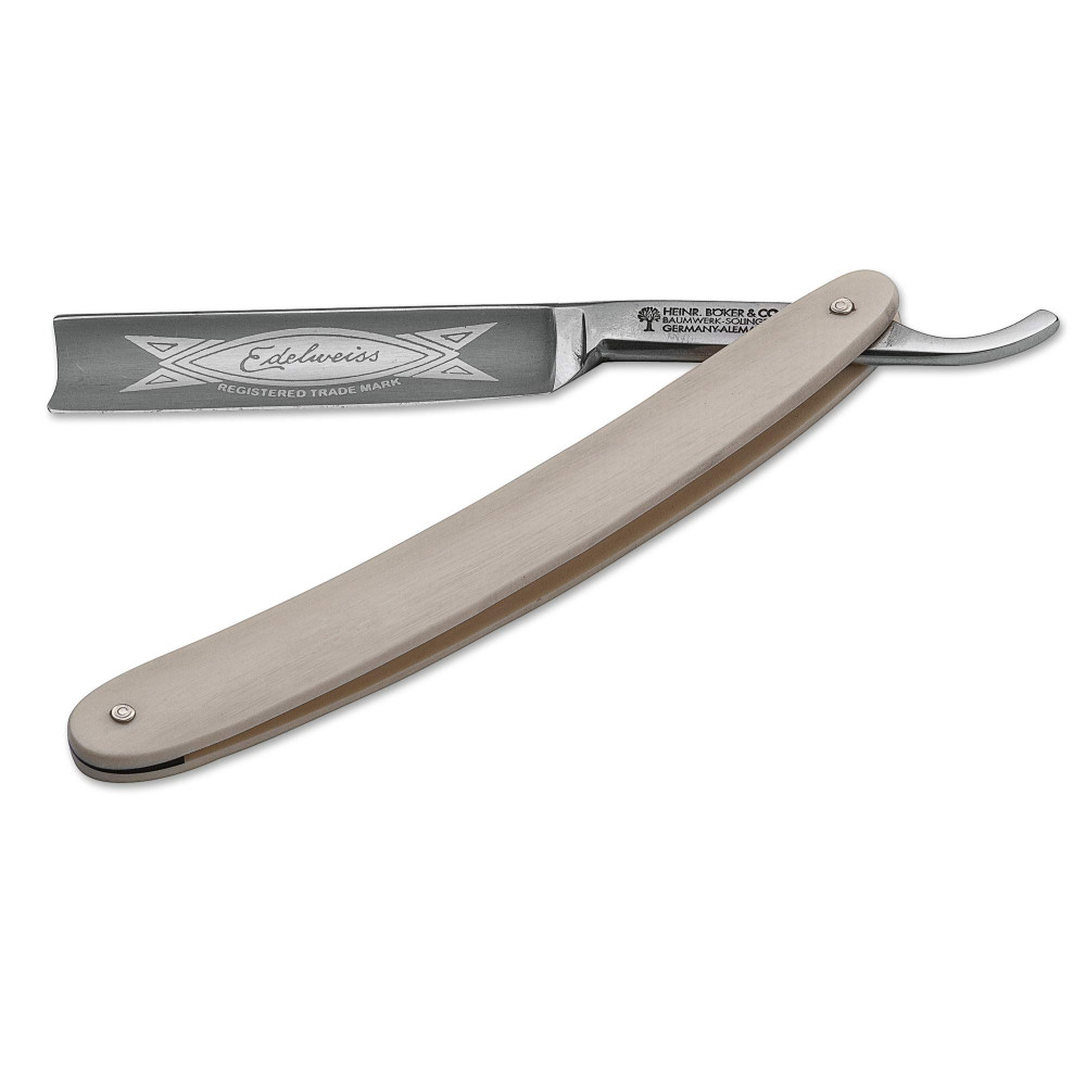 Rasoio a mano libera 5/8 manico in resina avorio Elforyn mod. "Edelweiss Spanicher" - Boker Rasoio a mano libera 5/8 manico in resina avorio Elforyn mod. "Edelweiss Spanicher" - Boker