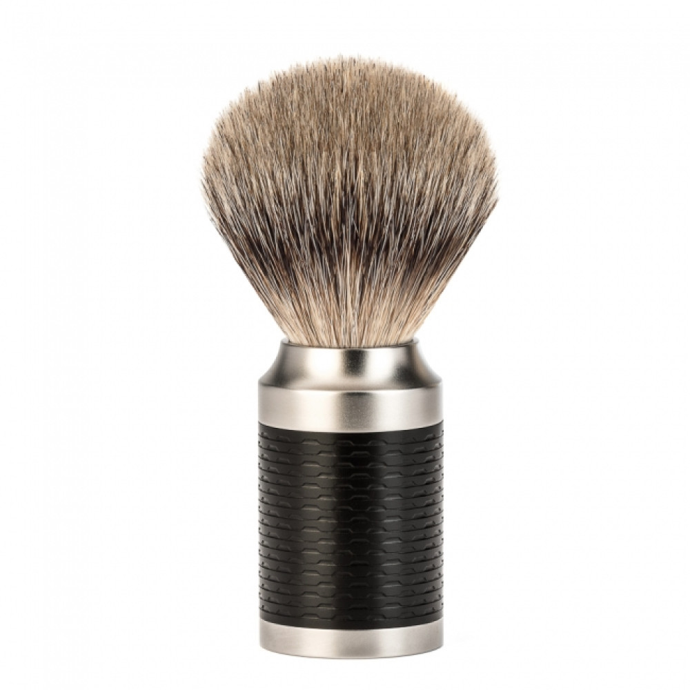 Pennello da barba in tasso manico in acciaio inox e gomma nera mod. "ROCCA" 091M96