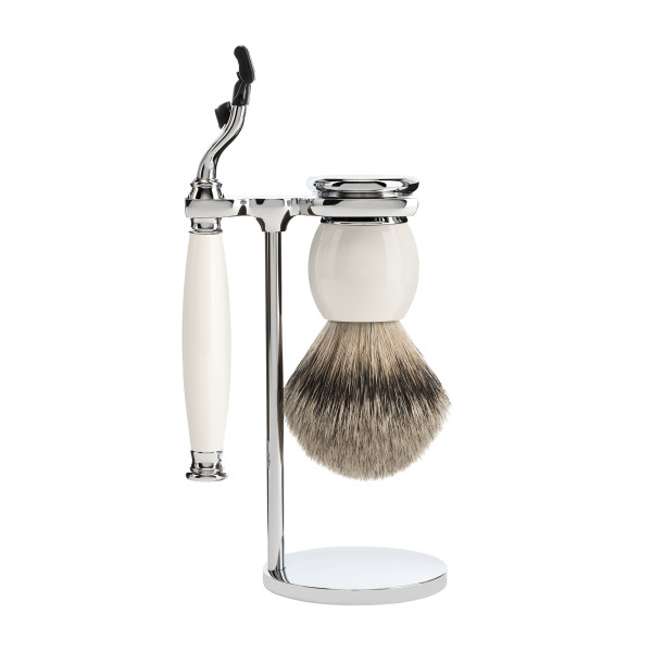 Set 3 pz. Razor Head Gillette Mach 3 - Porcellana Bianca - Pennello in tasso - Stand - mod. "SOPHIST" - MÜHLE