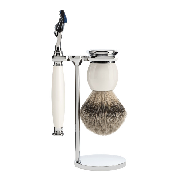 Set 3 pz. Rasoio testa Gillette Fusion - Porcellana Bianca - Pennello in Tasso - Stand  mod. "SOPHIST" - MÜHLE