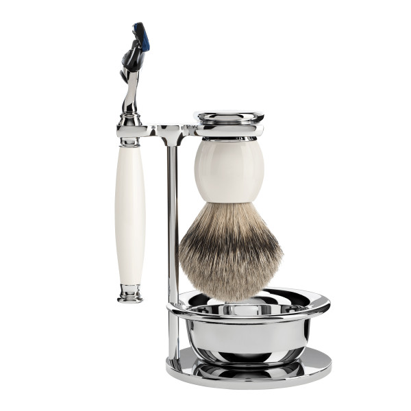 Set 4 pz. Rasoio testa Gillette Fusion - White Porcelain - Ciotola - Pennello in Tasso - Stand  mod. "SOPHIST" - MÜHLE