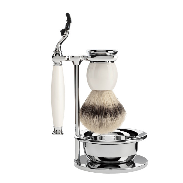 Set 4 pz. Rasoio testa Gillette Mach 3 - White Porcelain - Ciotola - Pennello in Tasso - Stand  mod. "SOPHIST" - MÜHLE